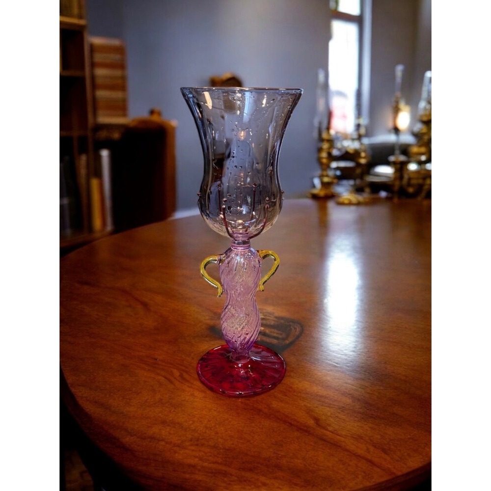 Art‎ Glass Goblet Wine Glass Decorative Cup Pink Purple with Yellow Handles